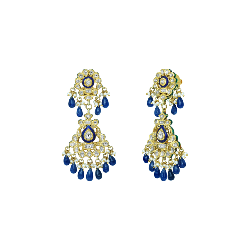 Polki Earrings with Blue Enamel and Ruby Bead Drops